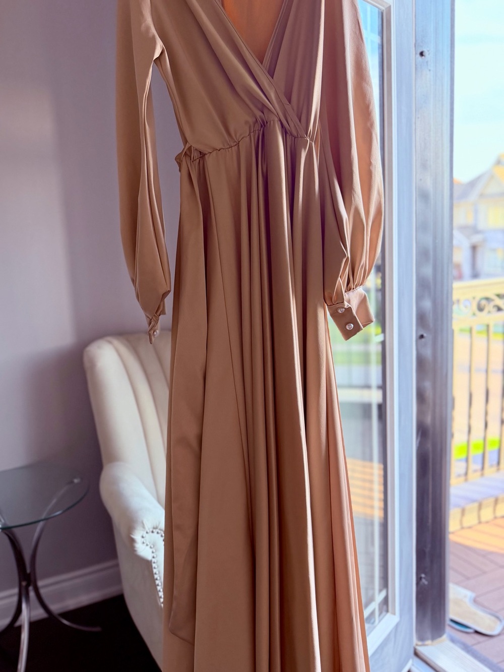 Maternity Dress (Long Sleeve Wrap Maxi Dress in Camel)